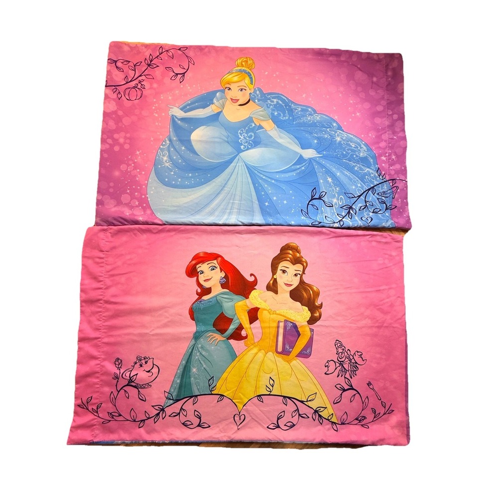 2 Disney Princess Pillowcases Cinderella‎ Ariel Belle Pink Girls Kids Colorful